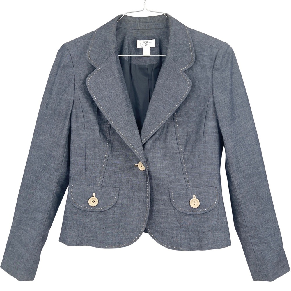Ann Taylor Loft‎ Womens Blazer Blue Linen Pick Stitch Peplum Career Jacket M